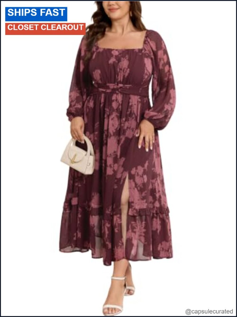 Plus Size Floral Maxi Dress Long Sleeve Square Neck Wedding Guest